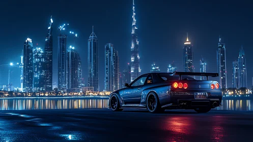 Night-tuned sports coupe overlooks neon-lit waterfront skyline