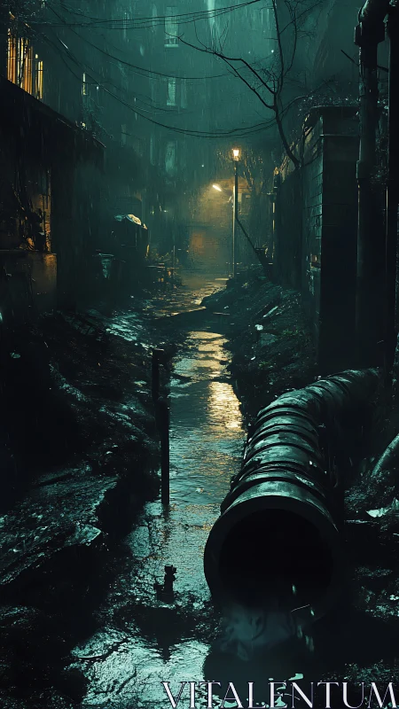 Rain-soaked industrial alleyway with illuminated storm drain