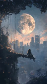 Moonlit girl on a cliff swing watches a distant glowing city
