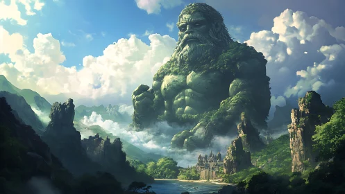 Mountain behemoth dreaming above a mist-wrapped valley kingdom.