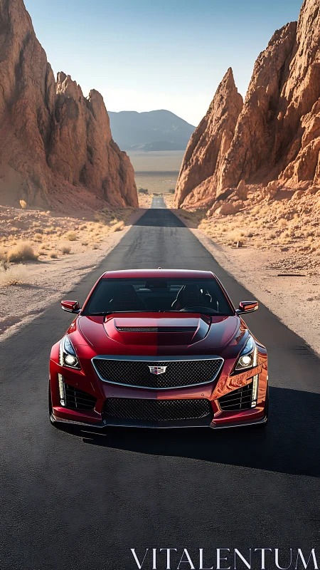Red performance sedan slicing through desert canyon road.