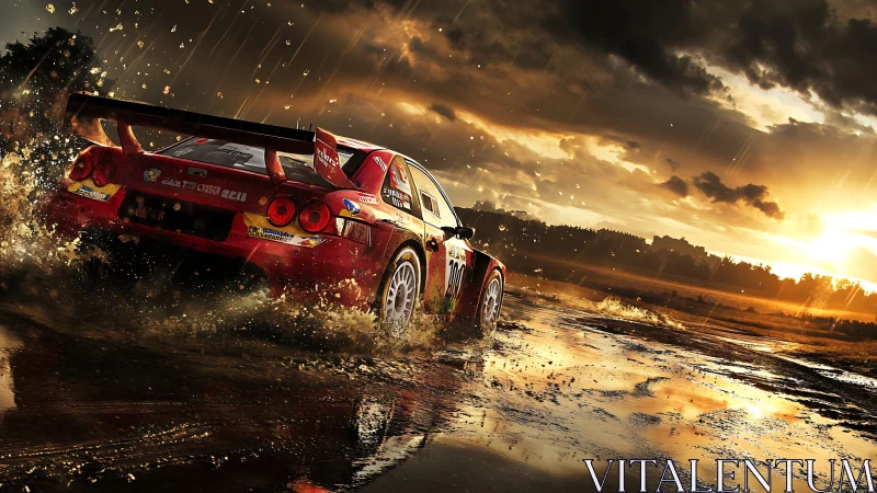 Rally race car powers through wet dirt track at sunset