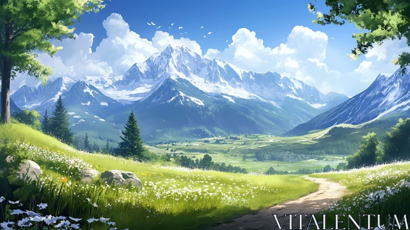 Sunlit alpine valley path framed by snow-capped mountain range