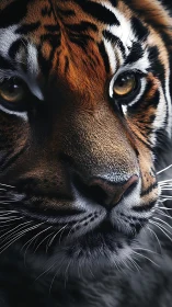 Tiger gaze in dramatic close-up, hyper-detailed portrait.