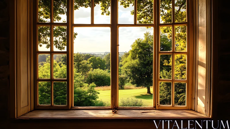 Sunlit country landscape framed by a wooden window.