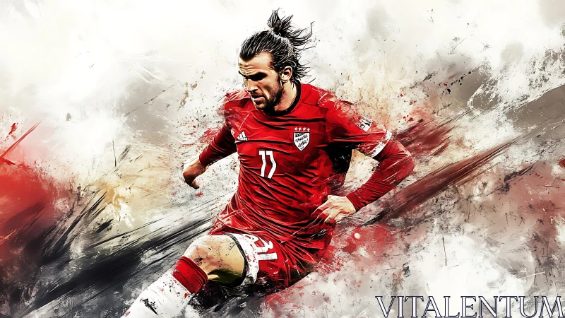 Dynamic soccer player surges forward in vivid red motion