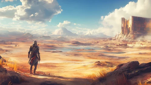 Hooded desert wanderer surveys vast sunlit sci fi ruins