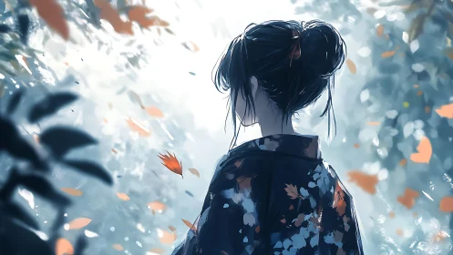 Silent autumn reverie with girl in patterned kimono.