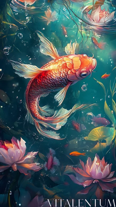 Golden koi drifts through dreamy lilies and gentle water ripples