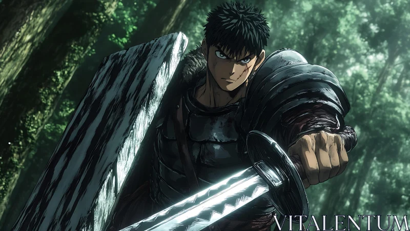 Forest warrior poised with colossal sword and scarred resolve.