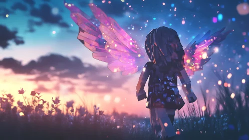 Voxel fairy silhouette with refractive wings in dusk bokeh field