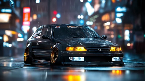 Midnight stance legend idling under neon rain in town.