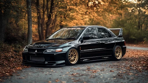 Black Mitsubishi sedan lowered on gold wheels in autumn forest.
