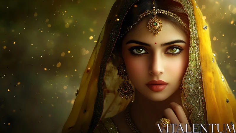 Golden gaze of a jeweled bride in soft glowing light.