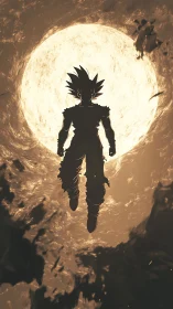 Silhouetted warrior levitates before blazing celestial moon.