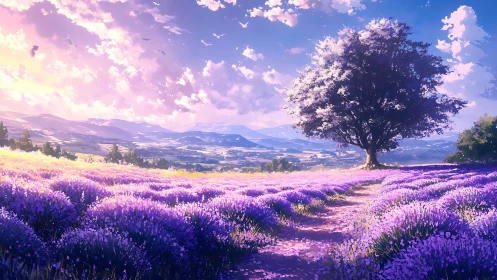 Lavender valley under luminous sky with solitary tree