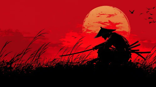 Ronin silhouette holds blades beneath bloodred sunset sky.