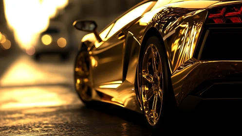 Golden supercar profile in cinematic sunset street lighting.