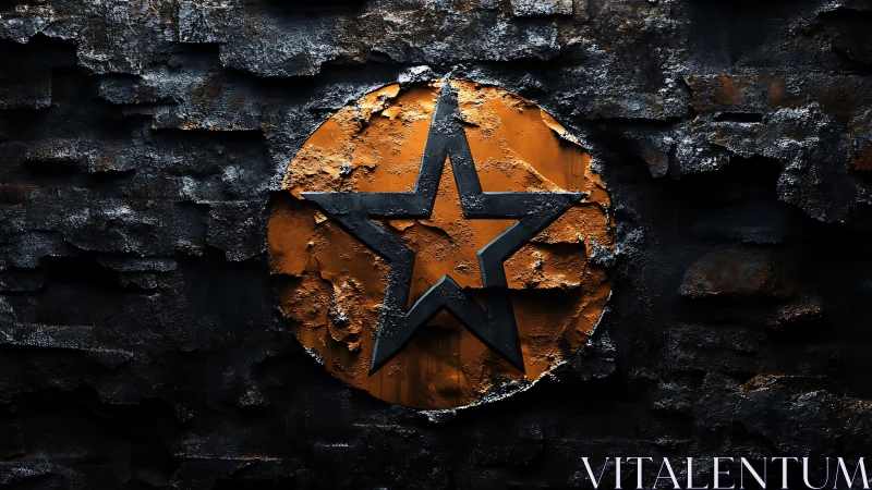 Rust-textured star emblem burns through dark corroded wall