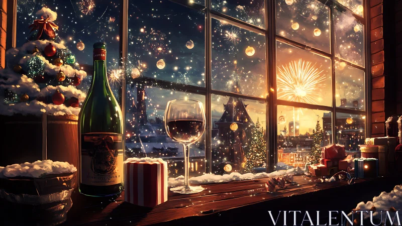 Warm interior holiday still life faces fireworks-lit snowy town