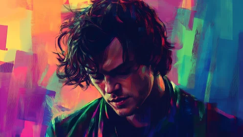 Digital portrait shows downward-facing male subject in color field