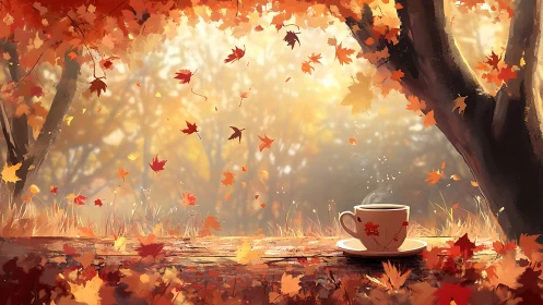 Cozy cup of coffee resting beneath glowing autumn leaves.