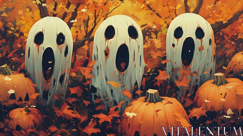 Three stylized ghost figures stand among pumpkins in foliage