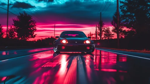 Sports car on wet highway under neon pink sunset sky.