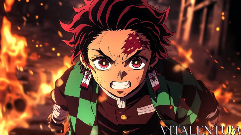 Determined anime warrior charges through blazing inferno.