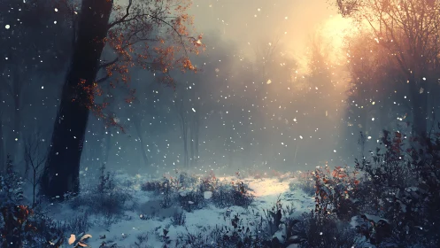 Luminous Winter's Whisper Through Ember-Touched Trees.