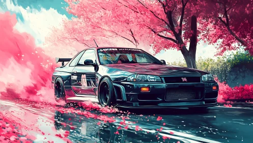 Modified sports coupe moves through stylized cherry trees