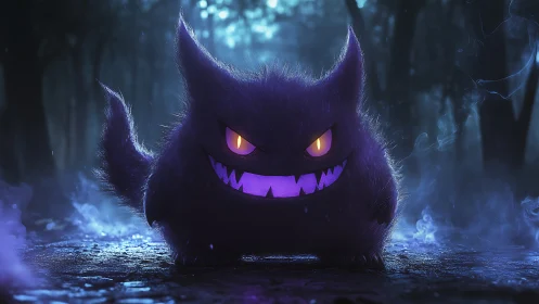 Purple spectral creature in misty forest at night.