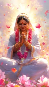 Praying woman blooms in lotus light and floating petals