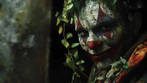 Clown makeup portrait framed by foliage in low light.