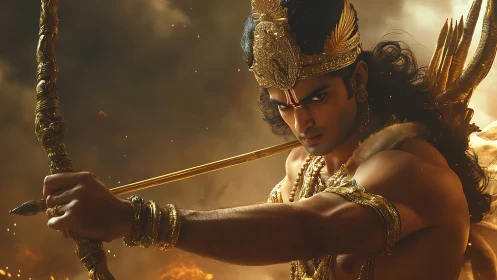 Warrior archer in golden armor with dramatic cinematic lighting.