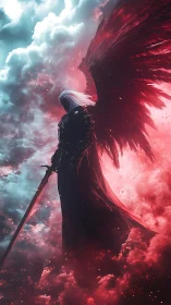 Dark-winged guardian rests between stormy red and blue skies.