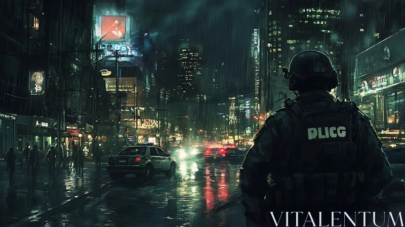 Armored officer surveys wet urban street in night rain