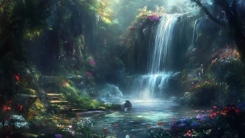 Spectral cascade and chromatic flora in luminous forest basin.