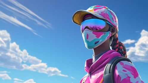 Skybound street rider in neon camo under cloud-bright heavens.