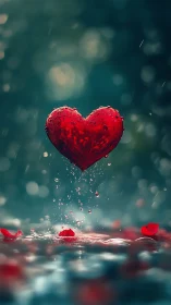 Levitating Red Heart in Rain: Ethereal Digital Composition.