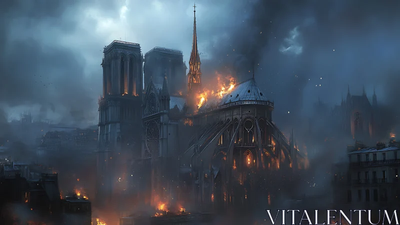 Gothic cathedral inferno under dense stormlit smoke plume