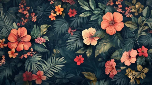 Densely Layered Floral Composition with Coral and Teal Botanical Elements