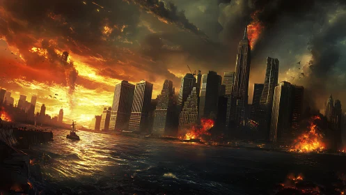 Burning city skyline under explosive, fiery storm clouds