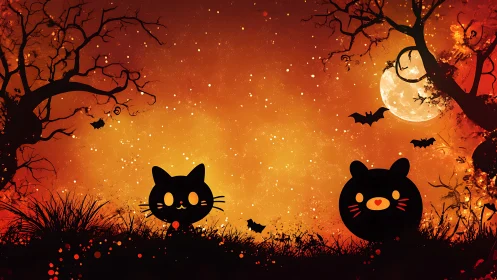 Two Playful Cats Celebrate a Magical Halloween Night