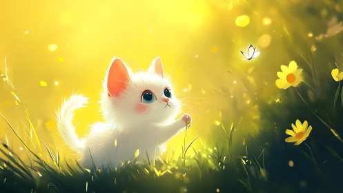Backlit white kitten studies butterfly in high-key meadow lighting