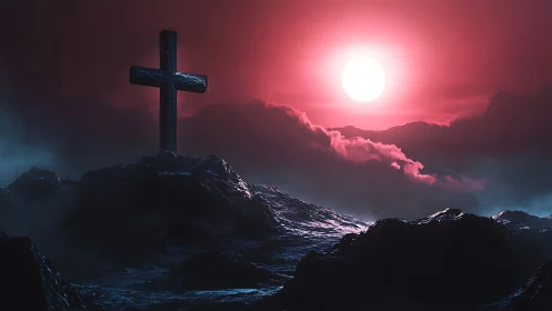 Storm-hewn cross under a crimson resurrection sunscape.