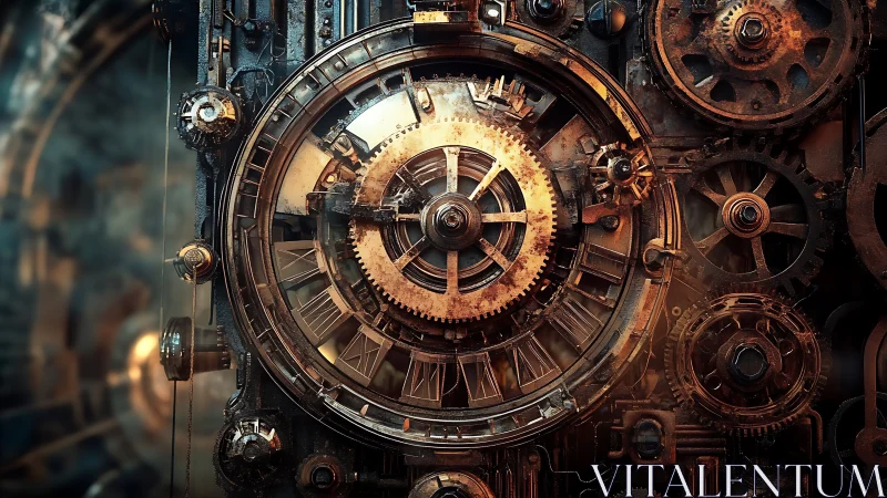 Steampunk clockwork engine turns within glowing brass gears.