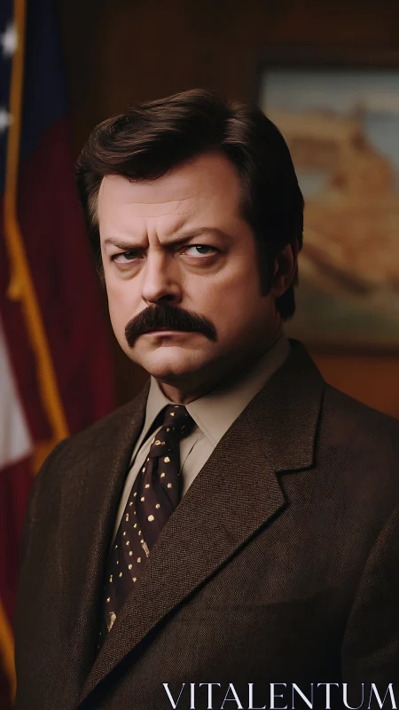 Stern suited official in richly lit formal portrait.