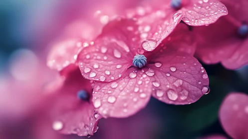Macro water droplets on pink petals with surface tension and optical refraction