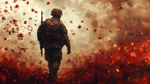 Solitary infantry silhouette in autumnal firestorm of leaves
